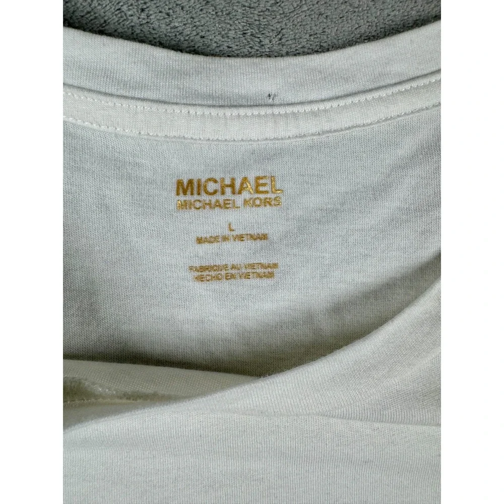Michael‎ Kors Women's T-Shirt White MK Logo Rhinestones Short Sleeve L